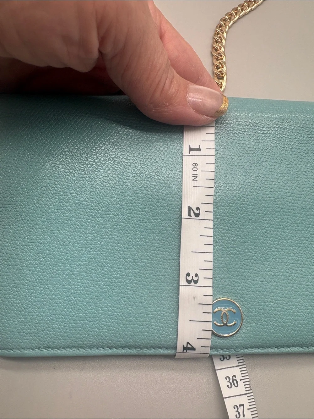 Authentic Chanel Light Turquoise Caviar Wallet – Converted WOC – Entrupy COA